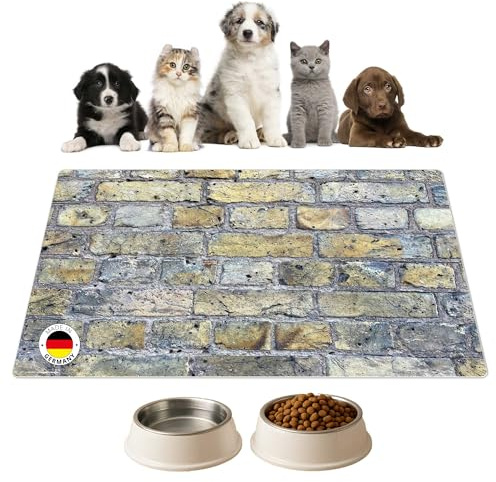 Napfunterlage | Futtermatte für Hunde und Katzen „Mauerwerk grau-beige“ aus Premium Vinyl - 60x40 cm – rutschhemmend, abwaschbar, reißfest - Made in Germany
