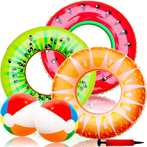 Set de Juguetes Hinchables para Piscina, 3 Pcs Anillo de Natación Inflable 90cm y 2 Pcs Balón de Playa con Bombas de Aire, Juguetes para Picina Natación Playa Verano Vacaciones Fiestas Niño Adulto