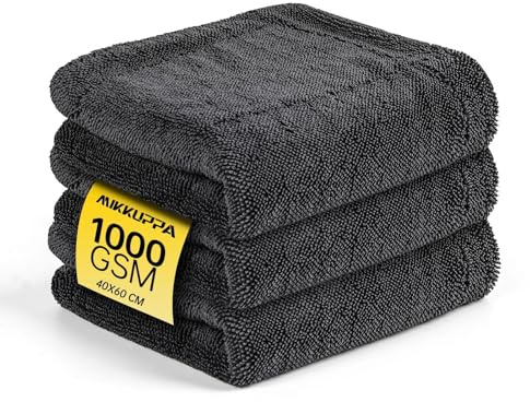 MIKKUPPA Panno in microfibra per auto, 1000 g/m², 40 x 60 cm, set da 3 pezzi | Extra spesso ed estremamente assorbente, utilizzabile su entrambi i lati, non lascia pelucchi e non danneggia la vernice