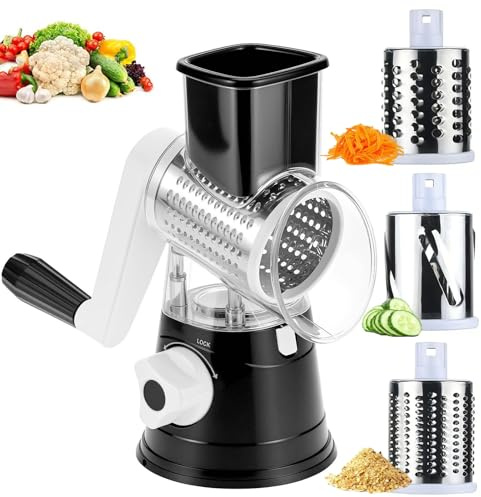 Rotary Cheese Grater with 3 Replaceable Stainless Steel Drum Blades, Non Slip Suction Base Vegetable Slicer Handheld Round Cheese Grater for Cheese, Vegetables, Fruits, Nuts (Black)