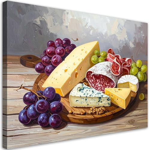 Feeby Leinwandbild - Bilder Wohnzimmer - Platte mit Wurst Käse und Trauben - 60x40 1tlg - Deko Schlafzimmer - Wanddekoration - Aesthetic - Groß Moderne Bild - Foto auf Leinwand