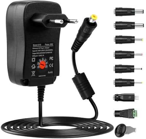30W Adaptateur Secteur Universel AC DC 12V 9V 7.5V 6V 5V 4.5V 3V 2A | Transformateur d'alimentation avec 8 Embouts,Sélectionnables pour Bandes LED Routeur TV Box Electronics Ménages