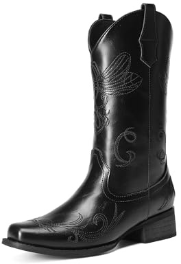 DREAM PAIRS dam Sdmb2220wCowboy stövel | 3,8 cm blockklack designad för att ha en fyrkantig tå och broderidetalj för att komplettera din cowgirl-stil på fester