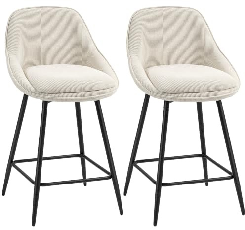 HOMCOM Barhocker 2er Set Drehbar mit Fußstütze Sitzhöhe 65 cm, Creme | Mit Rückenlehne, Kord-Optik, Stahlgestell, Tresenhocker Barstuhl, Küchenstühle Sessel, für Küche Esszimmer & Theke