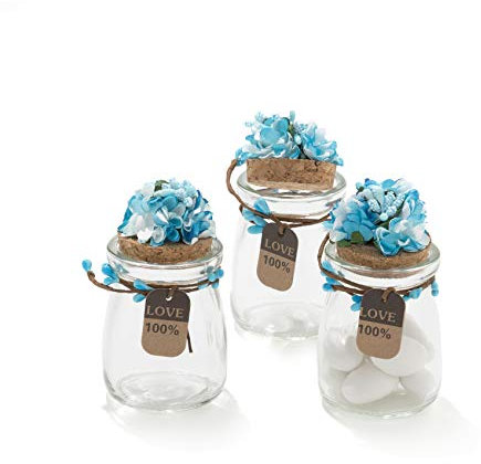 20 Pezzi Barattolo Vetro Con Tappo In Sughero Porta confetti Bomboniera Incluso Decorazione Fatto A Mano Fiore pistilli Etichetta Tema Naturale (BLU)