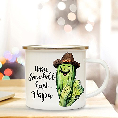 ilka parey wandtattoo-welt Emaille Becher Camping Tasse mit Kaktus Kakteen & Spruch Papa unser Superheld Kaffeetasse Geschenk Kaffeebecher eb75