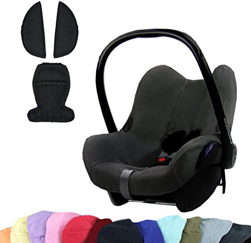 BAMBINIWELT KOMBI-ANGEBOT Sommerbezug, Schonbezug, Bezug aus Frottee + Gurtpolster für Maxi Cosi CabrioFix (dunkelgrau + schwarz)