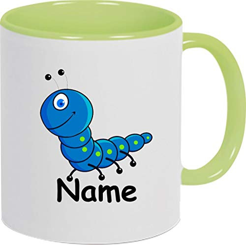 Shirtinstyle Kaffeepott, Tasse, Raupe mit Wunschnamen, Wunschtext, Spruch Name Text Becher Mug Kaffeetasse, Tiere, Natur, Farbe hellgrün