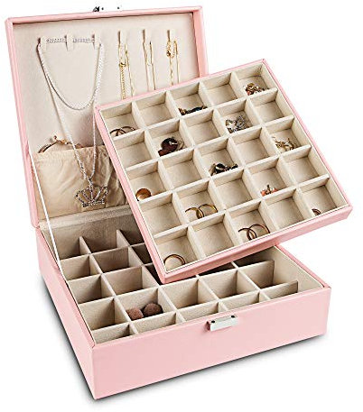 Frebeauty Portagioie classico per orecchini, 50 scomparti, a doppio strato, con 6 ganci per collane e tasca per braccialetti (rosa)