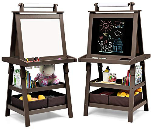 GOPLUS 3 in 1 Standtafel für Kinder, Magnetisches Whiteboard & Kreidetafel, Doppelseitiger Staffelei mit Aufbewahrungsbox, Maltafel, Schreibtafel, Kindertafel Ink. Malpapier und Magneten (Braun)