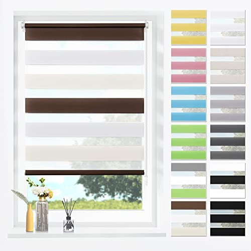SBARTAR Doppelrollo Klemmfix Duo Rollos für Fenster ohne Bohren & zum Bohren, Weiß-beige-braun B60 x H120 cm (Stoffbreite 56 cm), Lichtdurchlässig, Klemmrollo, Fensterrollo, Zebrarollo