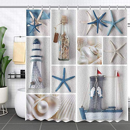 MEHOFOND 72x72 inch Summer Nautical Shower Curtain Set Marine Starfish Sail Boat Beach Shell Sea Waterproof Shower Curtain with 12 Hooks Bathroom Decoration
