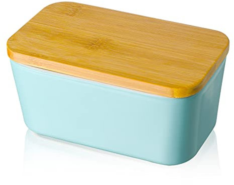 Candiicap Porcelain Butter Dish with Wooden Lid, Airtight Butter Keeper for Countertop, Large Butter Holder for All Types of Butter(Matte Blue)