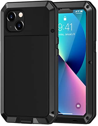 Lanhiem for iPhone 13 Heavy Duty Case, Shockproof Cover for iPhone 13 Metal Case Tough Armour Work Cases with [Tempered Glass Screen Film], 360 Full Body Protective Rugged Cover for iPhone 13 - Black