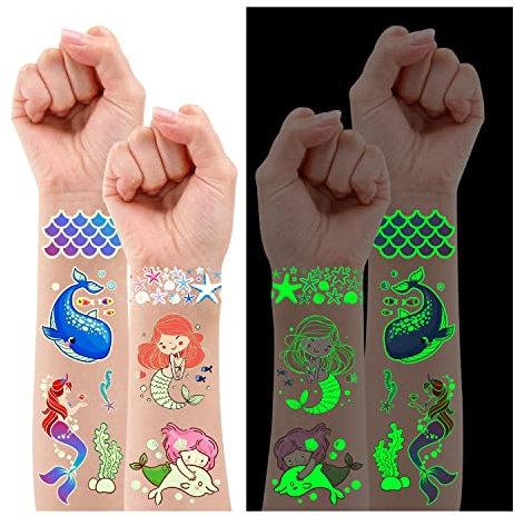 Leesgel 23er MeeresTier Tattoos für Kinder, 300 Stück Leuchtende Kindertattoos Aufkleber für Geschenk Mädchen, Meerjungfrau Spielzeug Mitgebsel Kindergeburtstag Deko Party