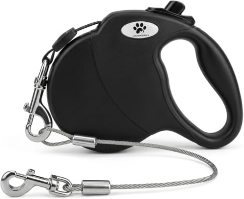 CROWN PAWS 16ft Retractable Dog Leash for Large Breed Dogs up to 110 lbs with a Detachable Chew Proof Extender Wire Ropes (Black L)
