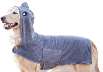 BoxDog Wearable Microfiber Dog Towel with Monster or Shark Hoodie | Soft Dog Bathrobe (Medium, Grey Shark)