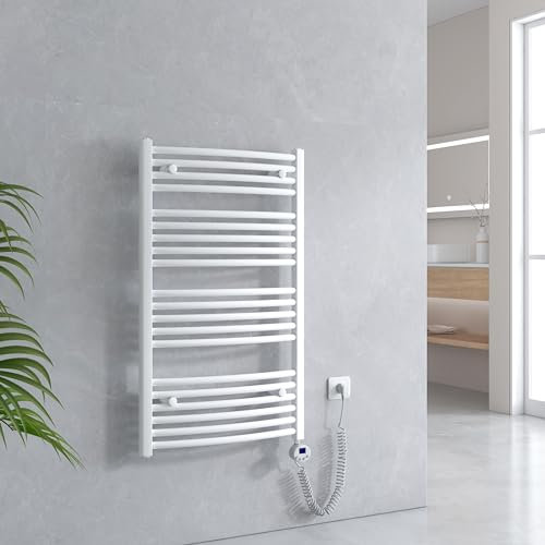 EMKE Badheizkörper Elektrisch 1000x600 mm - Gebogen Handtuchheizkörper Elektrisch, Elektrischer Handtuchwärmer Handtuchtrockner Handtuch Heizkörper Bad mit Thermostat und Heizstab - 500W, Weiß