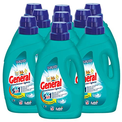 9x detersivo liquido General Freschezza+Igiene 5in1 per Lavatrice 28 Lavaggi - 9 Flaconi da 1,26L ciascuno