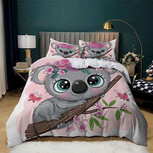 Linfye Bettwäsche 140 x 200 cm Koala Bettbezug mit Reißverschluss Schließung, Bettbezug Set 3 Teilig, Weiche Angenehme Mikrofaser Bettwäsche-Set + 2 Kopfkissenbezug 65x65 cm