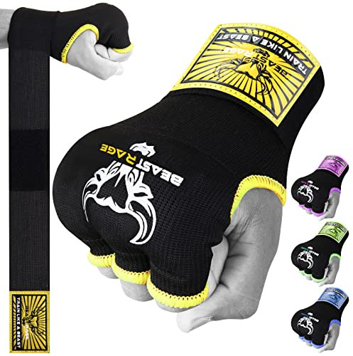 BEAST RAGE Boxbandagen Herren, Gelhandschuhe MMA 75 cm lang Boxbandagen elastisch, gepolstert Gel Innenhandschuhe Boxen, Boxsack, Training Muay Thai, Handbandagen Kinder (gelb, S (Adult))