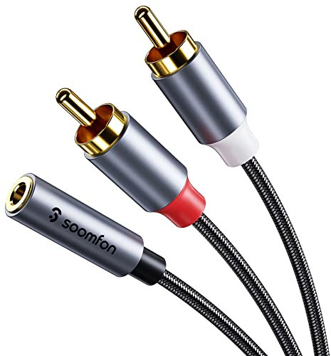 SOOMFON RCA to 3.5mm Audio Cable Red and White 2RCA to 3.5mm Jack Female Phono Leads High Durability Nylon Braided Gold-Plated Plug Stereo Audio Cable for Hi-Fi Speaker Car Home Theater