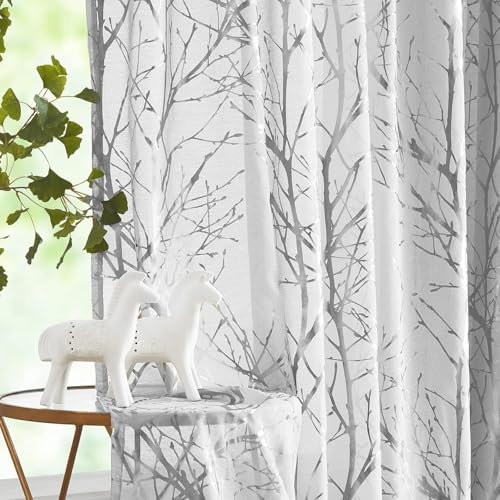 FMFUNCTEX Grau Silber Voile Vorhänge Transparente Gardinen mit Ösen für Wohnzimmer Metallic Zweigen Muster Vorhänge Lichtdurchlässig Ösenschal für Schlafzimmer 2er Set, 225 x 134 cm (H x B)