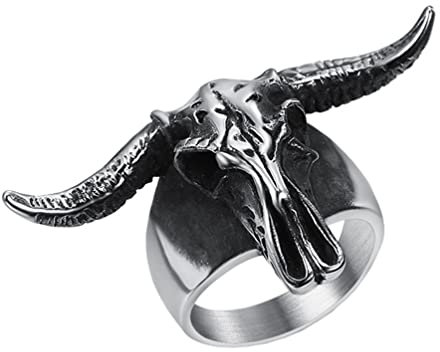 OAKKY Herren Vintage Punk Dämon Ziegenkopf Hörner Totenkopf Gothic Biker Ring Edelstahl Widder Tierkreiszeichen Skelett Antik Silber Größe 54 (17.2)
