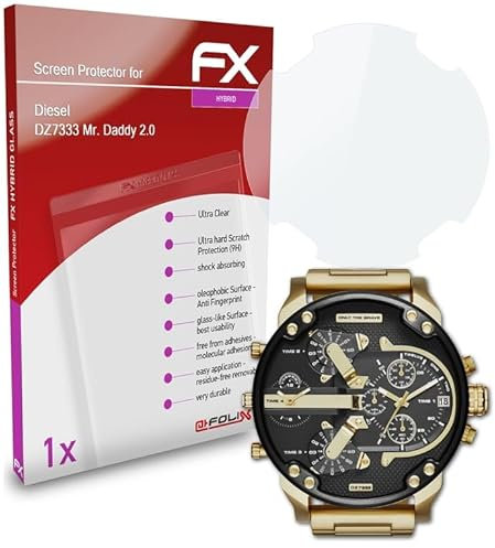 atFoliX Protection Écran Film de verre en plastique compatible avec Diesel DZ7333 Mr. Daddy 2.0 Verre film protecteur, 9H Hybrid-Glass FX Protection Écran en Verre trempé de plastique