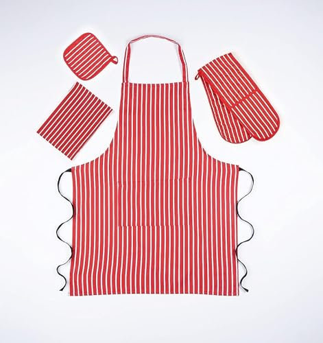 100% Cotton Heat Resistant Stripe Double Oven Glove Mitt for Home Kitchen Restaurant Hot Oven Pots Kitchen Tray Pans,Set of 4-Red