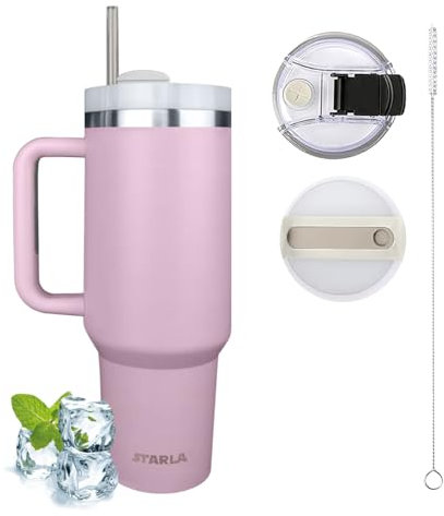 STARLA Mug Isotherme avec paille et poignée, 1,2l grand, 2 couvercles, tasse isotherme étanche, tasse à café à emporter, tasse à eau, tasse à boisson, tasse de voyage, tasse à boire (Lilas)
