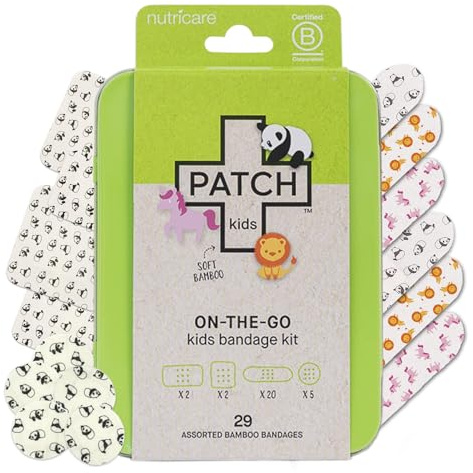 Patch Kids On-The-Go Natural Bamboo Adhesive Bandage Kit for Sensitive Skin, Eco-Friendly Hypoallergenic Bandages for Sensitive Skin. Non Toxic Bandages for Boys & Girls with Cute Prints, 29 ct Small
