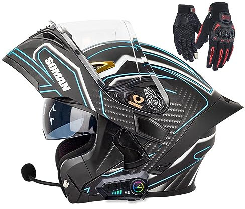 Flip Up Motorcycle Helmet with Bluetooth,ECE Approved Modular Full Face Motorcycle Helmet Double Visor Motorbike Street Bike Helmet Built in FM Radio Speaker Microphone L,S=55-56cm