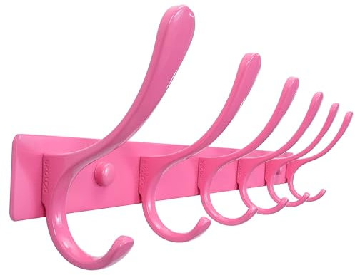 SKOLOO Porte-manteau mural – 6 crochets, très résistant, en acier inoxydable, crochets muraux en métal, crochets robustes pour suspendre manteaux, vestes, vêtements, chapeaux, rose