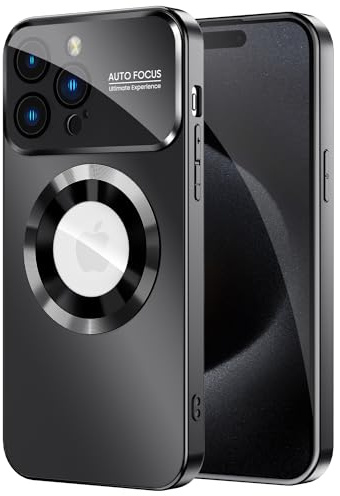 MAKAVO Magnetic for iPhone 15 Pro Max Case, Compatible with MagSafe, Built-in Camera Lens Protector, Logo View, Military Grade Drop Proof Phone Cover, Black