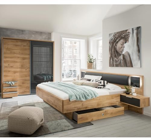Lomadox Schlafzimmer-Set mit 180x200 cm Doppelbett & 228 cm Schwebetürenschrank, 4-teilig, mit Glasschwebetür, Kopfteilpolster & beleuchteten Glaspaneelen