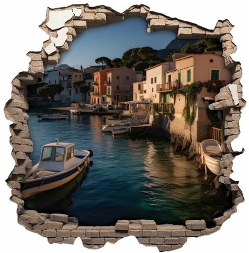 Samunshi® Wandtattoo Wandriss mit kleinem Fischer Italien Dorf Fenster in andere Welt Portal Wanddekoration Wandsticker für Kinderzimmer Wohnzimmer Wanddeko 50 x 50cm