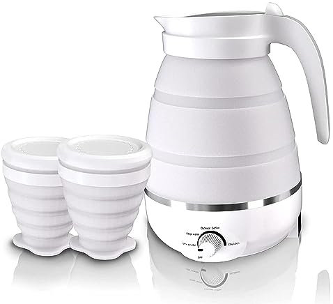 Hervidor Eléctrico Plegable, 600ML Hervidor de Agua Plegable de Silicona Hervidor de Camping Plegable con 2 Tazas Plegables Mini Hervidor de Agua Eléctrico para Viajes, Cámping (Blanco)