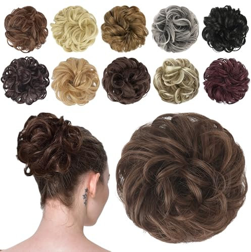 FESHFEN Moños Postizos de Pelo Natural, Coletero Postizo Sintético Postizos de Pelo Rizado Ondulado Extensiones de Cabello Moño de Pelo Desordenado Postizos para Mujer, Marrón Caramelo