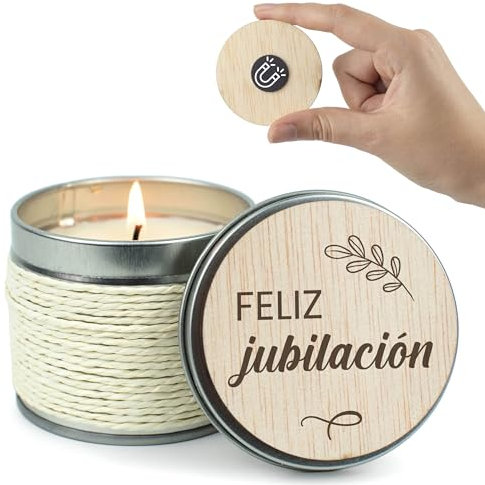 CONTRAXT Regalo original Feliz Jubilacion. Vela con tarjeta madera Regalos originales jubilacion dedicatoria compañeros trabajo jefes amigos profesor maestra jubilado hombre mujer