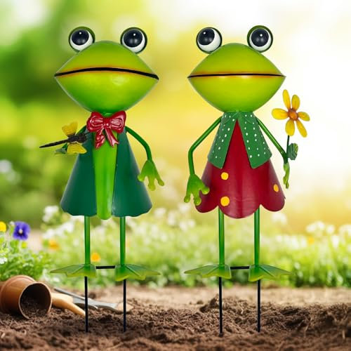 HONGLAND Niedlicher Frosch Metall Hofkunst – Outdoor-Statue – 3D-Froschfigur für Rasen, Terrasse, Weg, Hof, Urlaub, Gartenstecker (mit Blume)