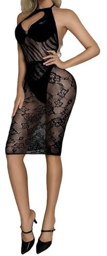 Lencería Sexy de Malla para Mujer, Vestido Sexy Mujer,Bodycon Transparente, Mini Vestido Rejilla, Ropa De Dormir Sin Espalda Sin Mangas-Negro