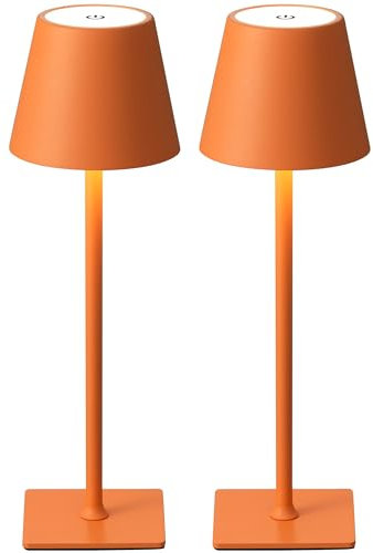 VISDANFO 2 Pezzi Lampada da Tavolo LED Senza Fili, Ricaricabile 5000mAh, Dimmerabile, 2700-6000K, Lampada da Comodino Batteria per Camera da letto, Sala da pranzo, Esterno, Impermeabile (Arancione)