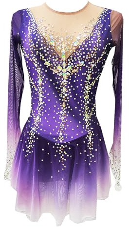 YDHTIZ Eiskunstlauf Kleid Für Damen Elastizität Professionelle Wettkampf Eislaufbekleidung Rollschuh Rock Für Mädchen Ballettkostüme Lila Daumenloch Halo Färbung Kristall Lange Ärmel