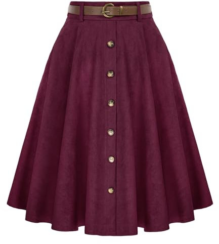 Belle Poque Damen Cord Röcke Hohe Taille A-Linie Swing Rock mit Gürtel&Taschen Weinrot S