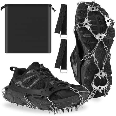 JIZZU Steigeisen für Wanderschuhe mit 24 Zähne Verdickte Schuhkrallen aus Edelstahl Anti-Rutsch Schuhspikes für Walking, Joggen, Klettern und Wandern (M)