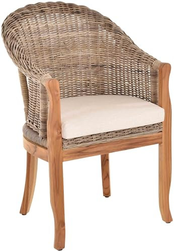 korb.outlet Rattan-Sessel mit Holzbeinen, Sessel aus echtem Rattan - Rattanstuhl Club (Grau Natur mit Teakholz, mit Polster)