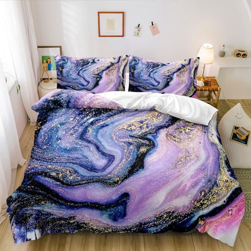 Luowei Marmor Muster Bettwäsche 135x200 cm Lila Gold Weiß Bettwäsche Set Microfaser Luxus Modern Bettbezug und Kissenbezüge 80×80cm mit Reißverschluss