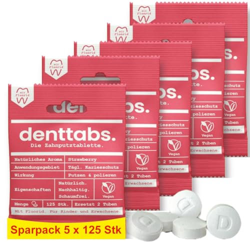 Denttabs Zahnputztabletten Erdbeergeschmack 5x125 Stk. die vollwertige Alternative zur Zahnpasta, mit angepasstem Fluoridgehalt für Kinder VEGAN Plastikfrei ohne Konservierungsstoffe. kompostable Bag
