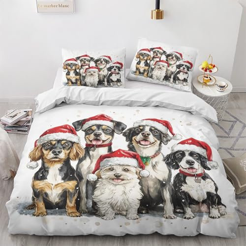 Maohryzed Bettwäsche 135x200cm 2 Teilig Weihnachts Hund Bettwäsche-Set, Mikrofaser Weihnachten Welpe Bettbezug Wendebettwäsche 1 Kissenbezüge 80x80 cm mit Reißverschluss